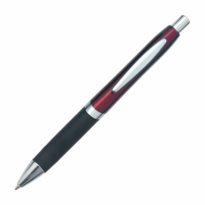 A sleek plastic pen with a black and burgundy design, featuring a chrome clip and accents.