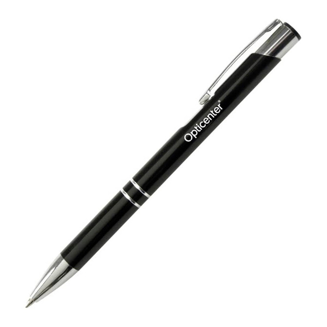 A metal pen featuring a sleek black design with silver accents and a clip, branded with a logo.