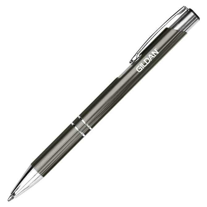 A metal pen in olive green with chrome accents, featuring a branding logo.