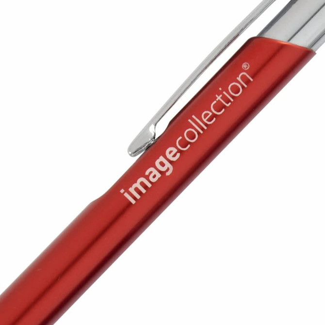 A red metal pen with a chrome clip and branding on the barrel.