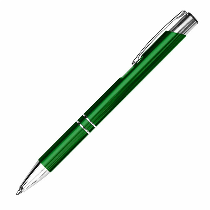 A green metal pen with silver accents and a clip, featuring a sleek design.