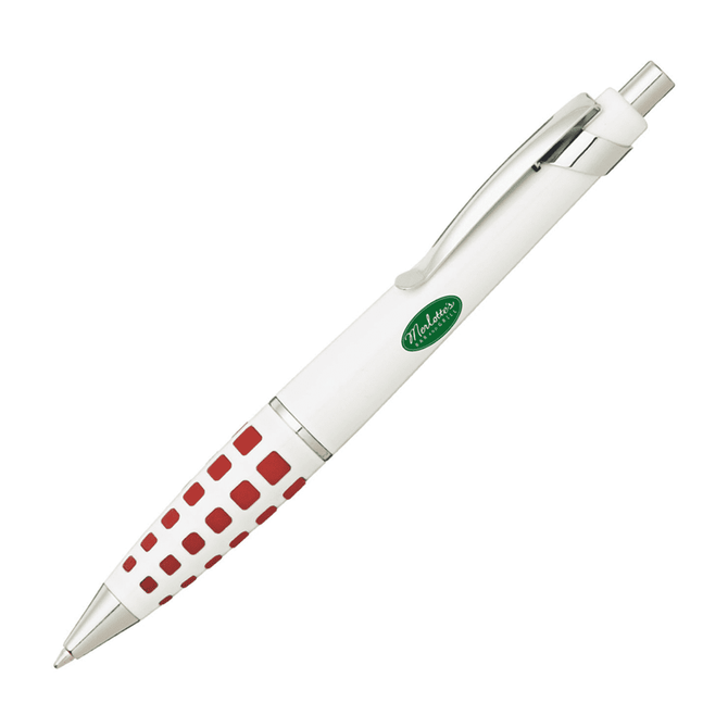 A white metal pen featuring a red square pattern and a clip, with a logo on its barrel.