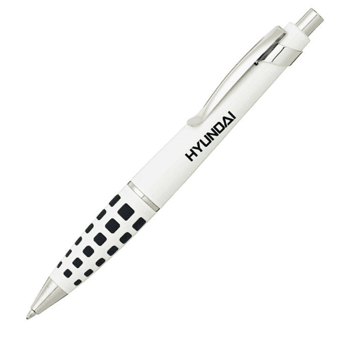 A metallic pen in white with a black patterned grip, featuring a logo.