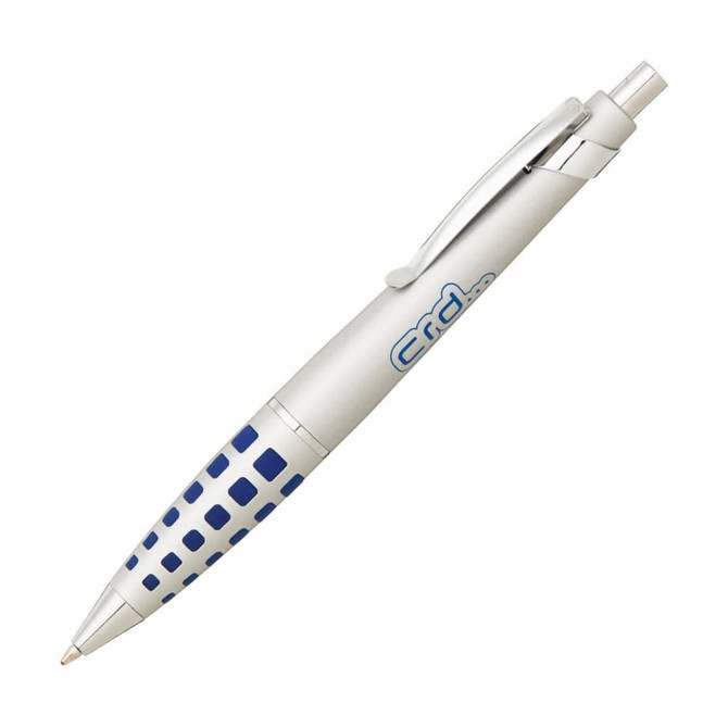 A metal pen featuring a silver body with blue accents and a logo.