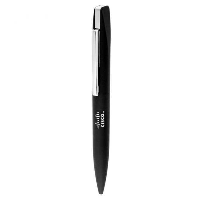 A sleek black pen with a silver clip, featuring a logo on its barrel.