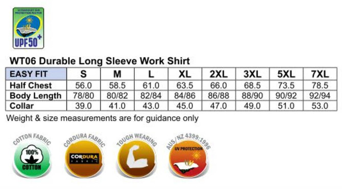 A detailed size chart for the Fine Duck Weave Dura-Wear Long Sleeve Work Shirt, featuring various measurements and product logos.