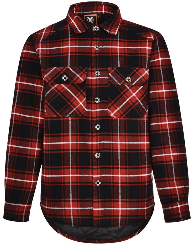 A red and black quilted flannel shirt featuring a check pattern, button-up front, and two chest pockets.