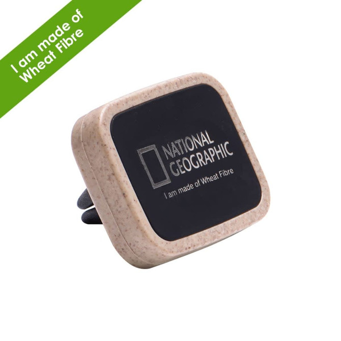 A rectangular car vent mount in beige and black, made from wheat fibre, featuring a logo.