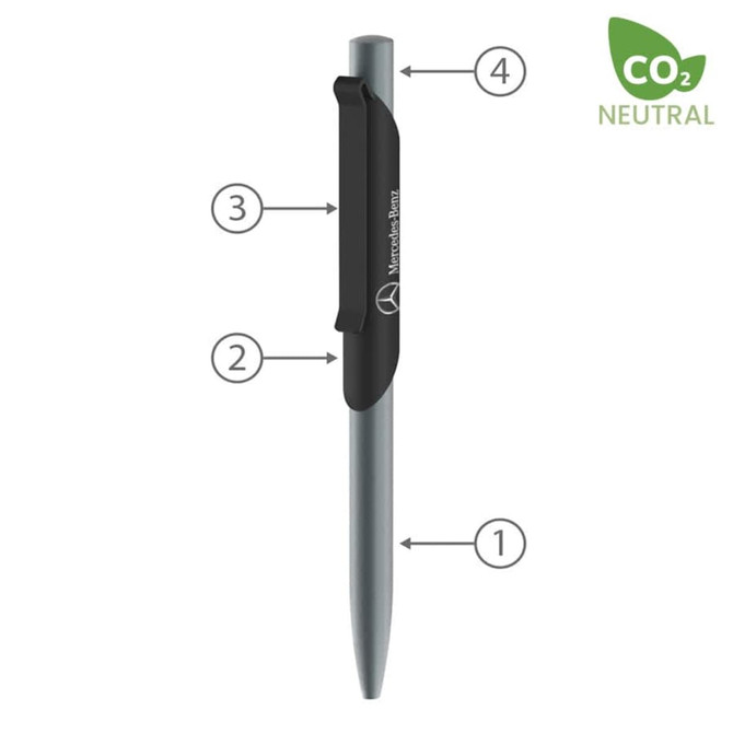 A metal pen in silver with a black clip and branding, featuring a sleek design.