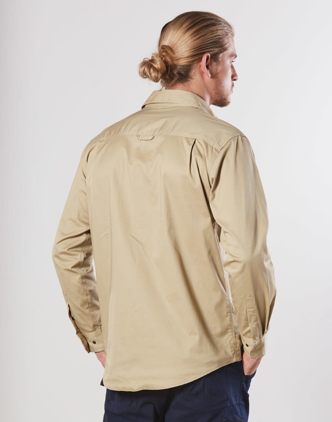 A long-sleeve work shirt in khaki, featuring a logo, shown from the back on a male model.