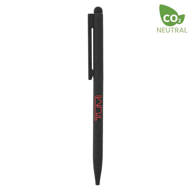 A thin black stylus pen with a clip and a branding logo on the side.
