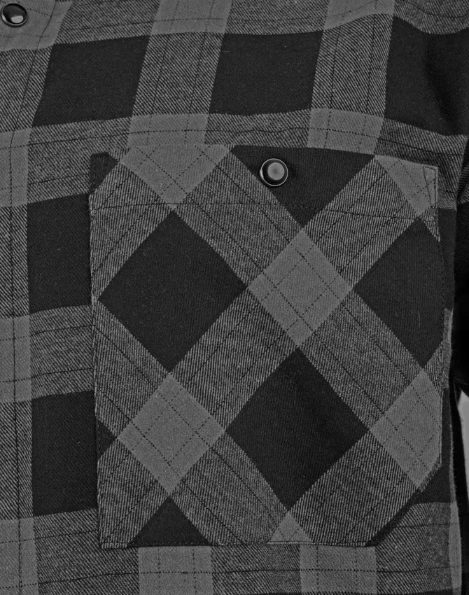 A unisex flannel plaid shirt in shades of black and grey, featuring a button-up design and a chest pocket.