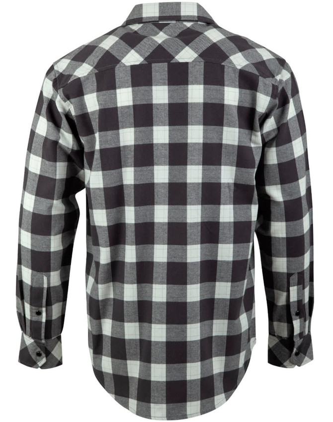 A unisex button-up shirt in a black and grey plaid pattern, featuring long sleeves and a button-up front.