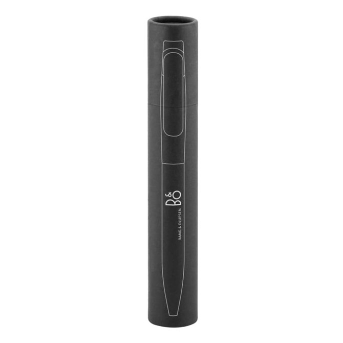 A metal pen in a sleek black casing with a cylindrical tube packaging. The pen features a minimalist design and has a logo.