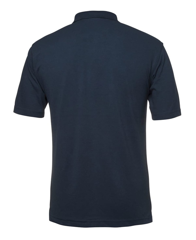 A navy polo shirt with a short sleeve design and a collar, featuring a branding logo.