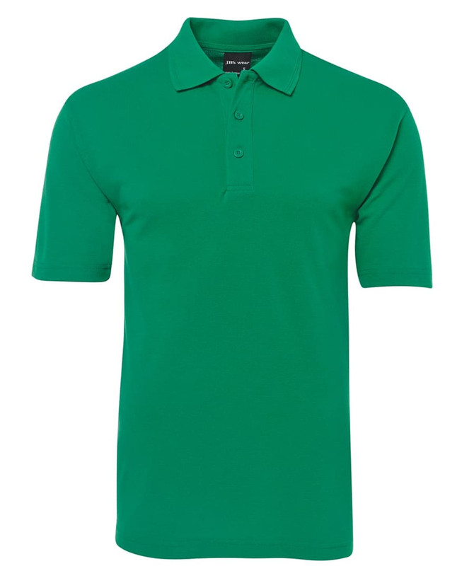 A green polo shirt featuring a collar and three buttons, designed for casual wear, with a logo on the chest.