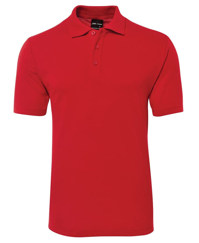 A red polo shirt featuring a collar and three-button placket, with a small logo on the label.