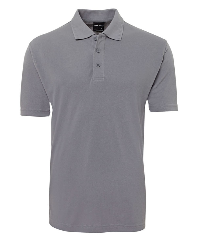 A grey polo shirt featuring a classic collar and three buttons, with a manufacturer’s logo.