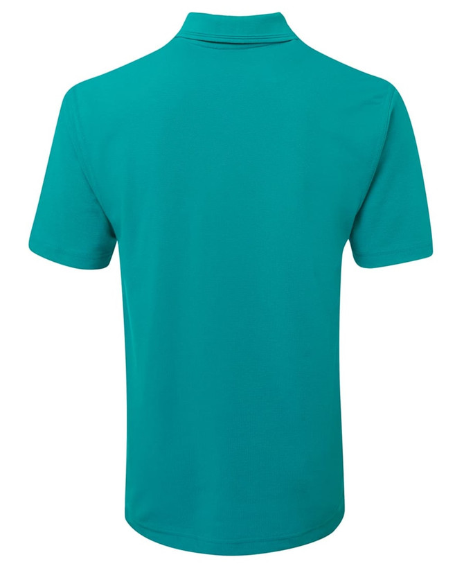 A turquoise polo shirt featuring a collar and short sleeves, with a logo on the back.