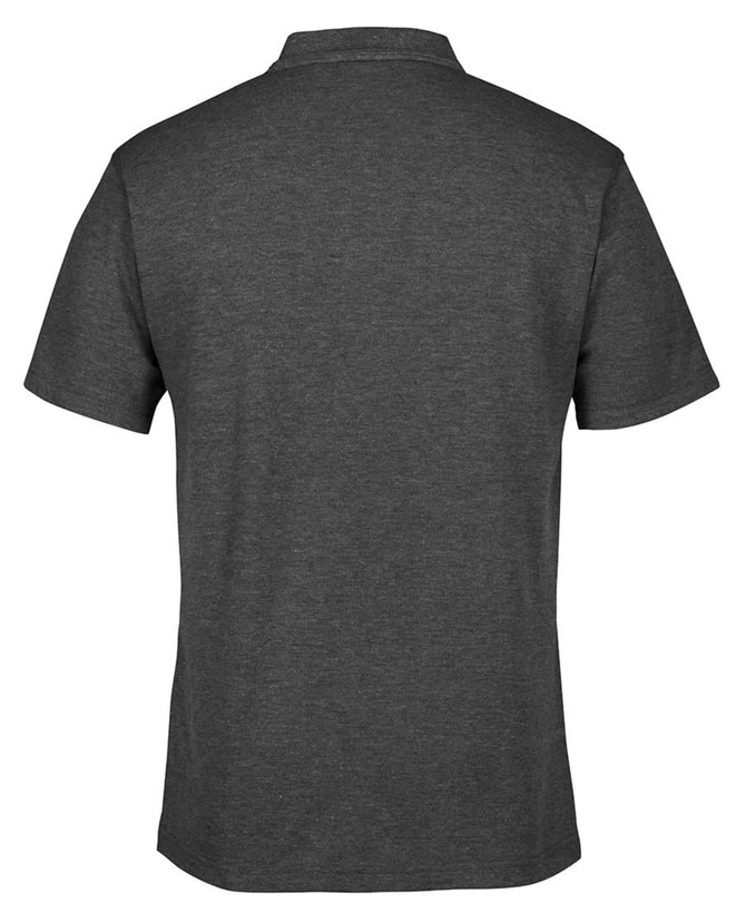 A dark grey polo shirt featuring a simple design and a logo on the back.