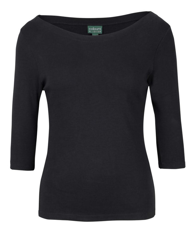 A black 3/4 sleeve boat neck tee with a fitted design and a logo on the label.