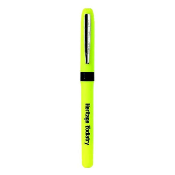 A bright yellow pen with a sleek design, featuring a branding logo on its body.