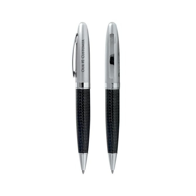 A sleek carbon fibre twist pen in black with silver accents, featuring a branding logo.