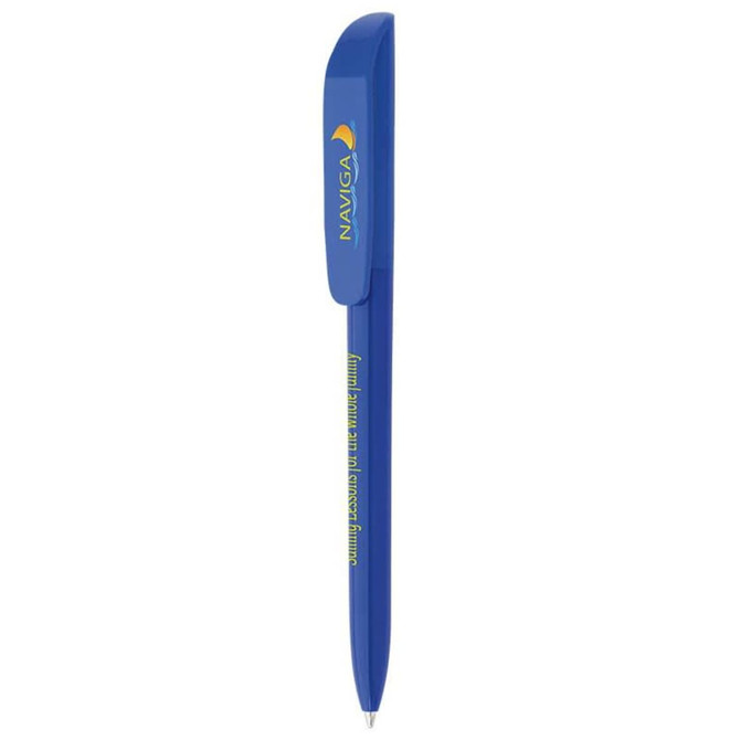A blue pen with a clip featuring a logo and a green accent on the barrel.