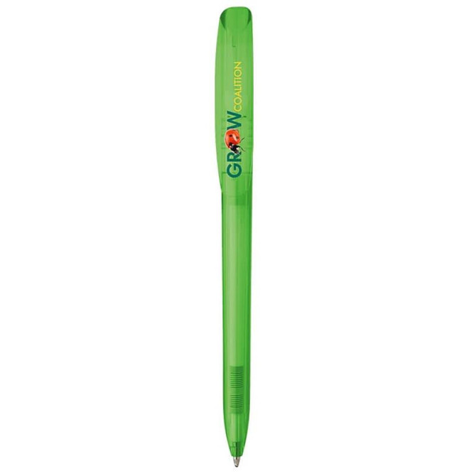 A green plastic pen with a transparent body and a branded logo.