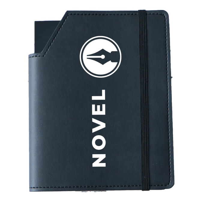 A black leatherette notebook with a pen icon and an elastic band closure. It has a logo on the front cover.