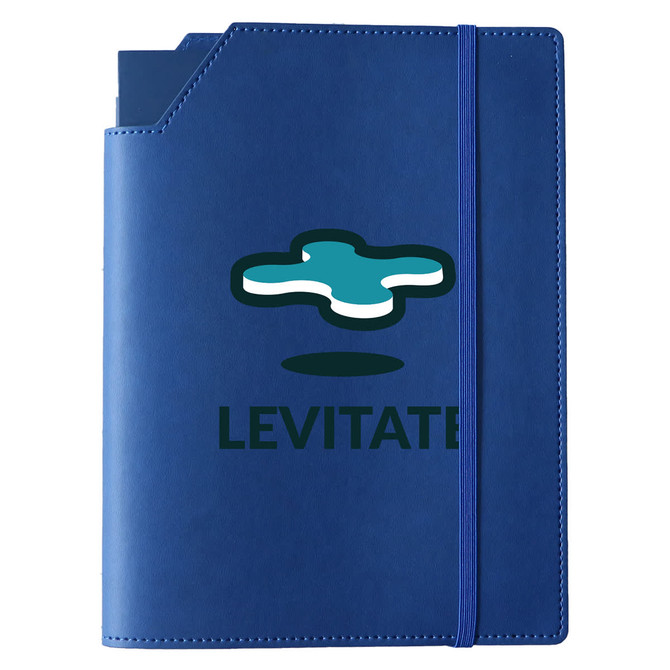 A blue leatherette notebook cover with an elastic band closure, featuring a logo on the front.
