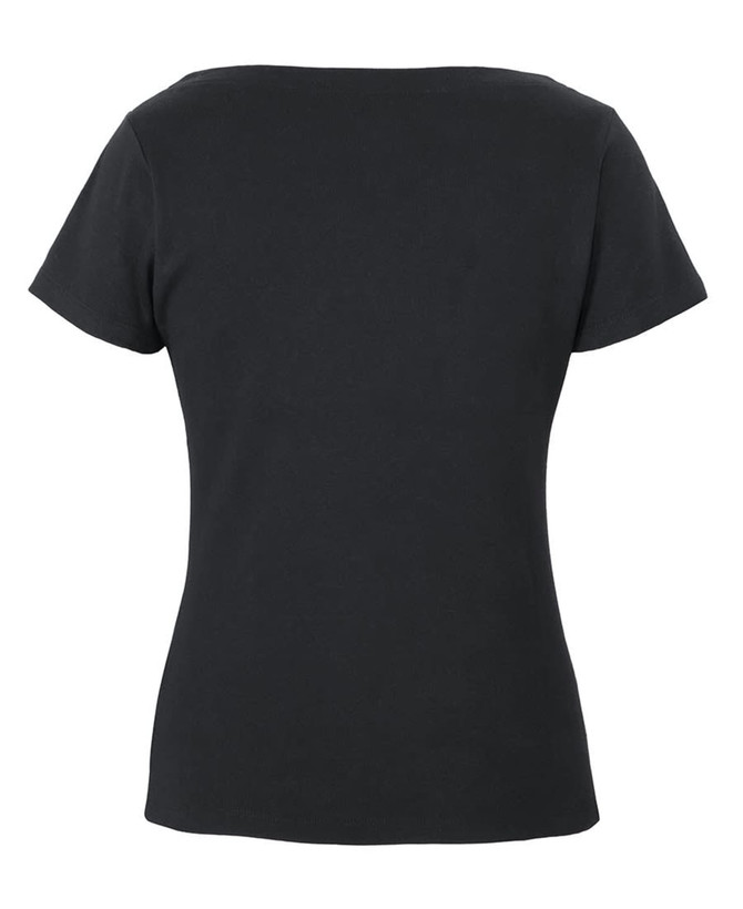 A black boat neck short-sleeve tee with a fitted silhouette and a logo on the back.