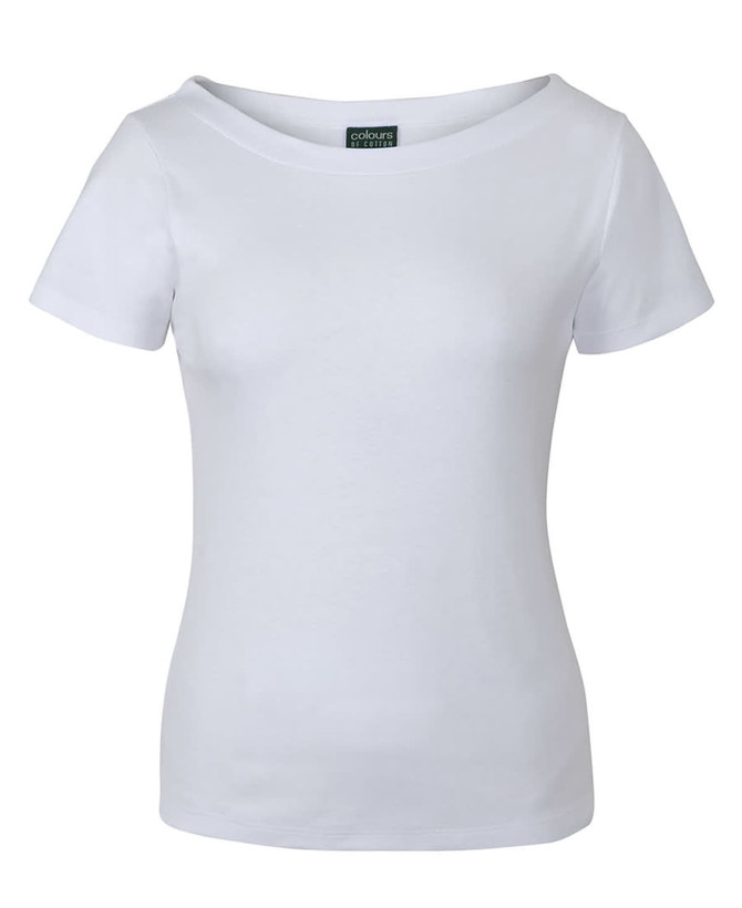 A white boat neck short sleeve tee with a fitted design and a branding label inside.
