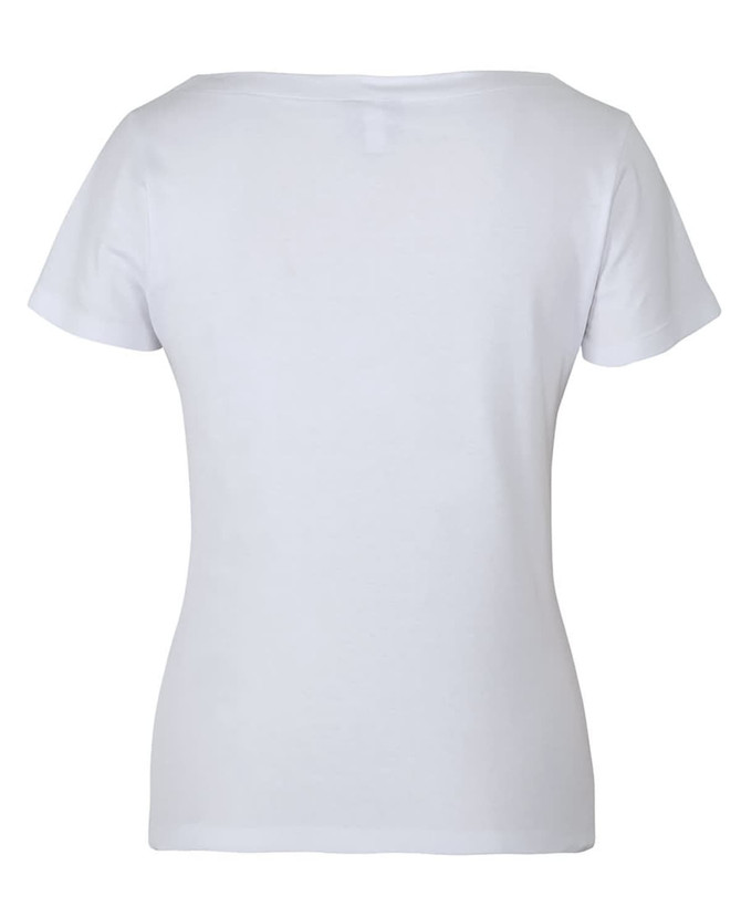 A white ladies' short-sleeve boat neck tee, featuring a fitted style and simple design, with a small logo detail.