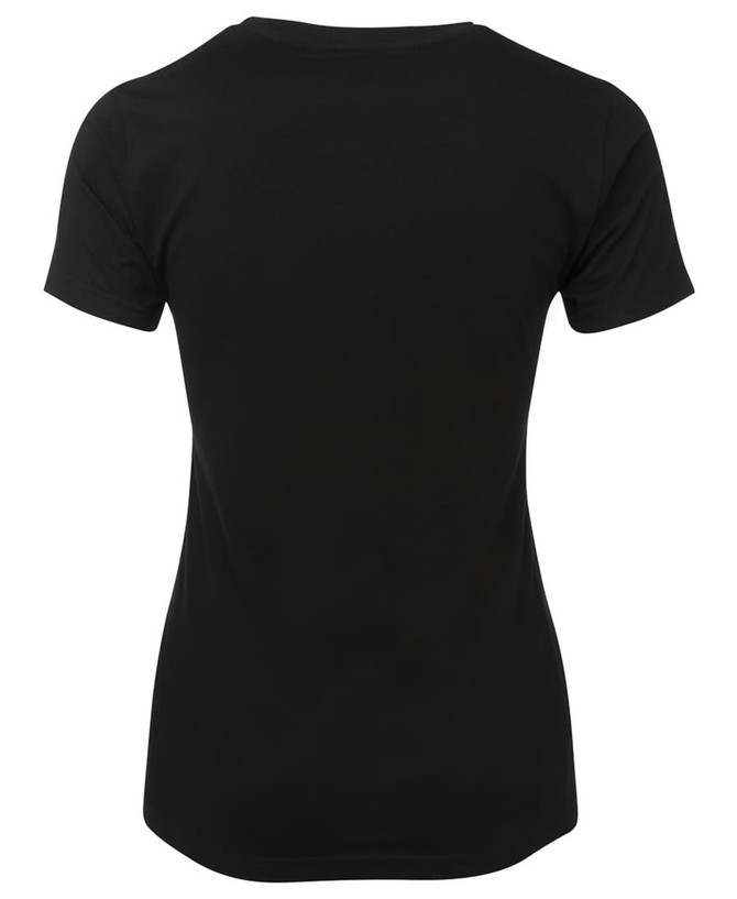 A black ladies' t-shirt with short sleeves and a fitted design, featuring a logo on the back.