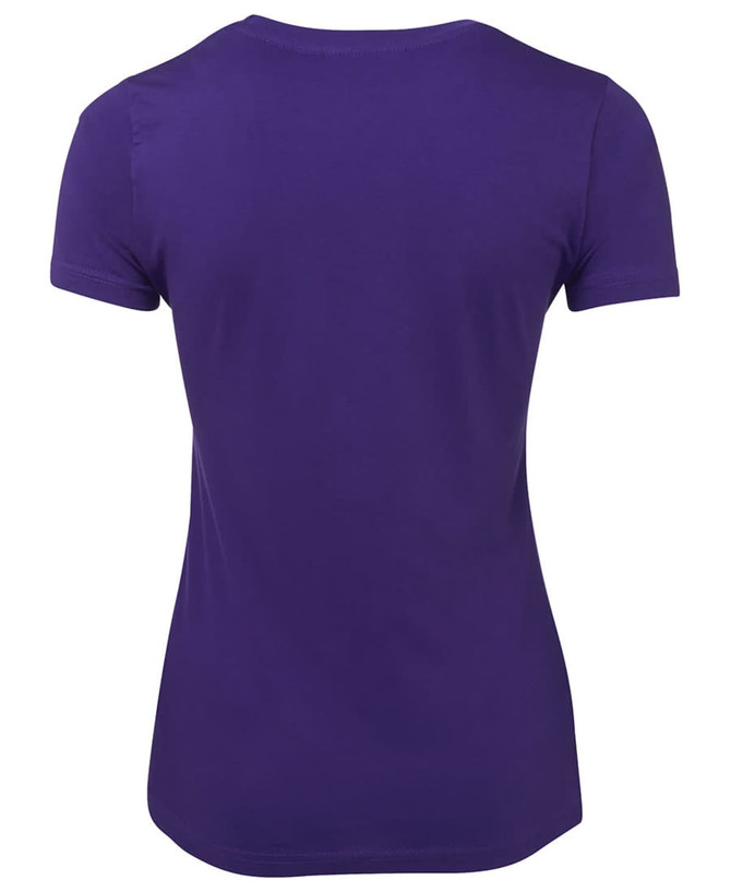 A purple ladies' t-shirt with a fitted style, featuring a round neckline and short sleeves. It has a logo on the back.