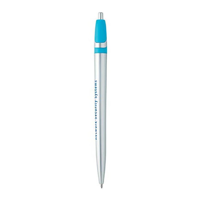 A metal pen with a silver body and a light blue grip, featuring a logo.