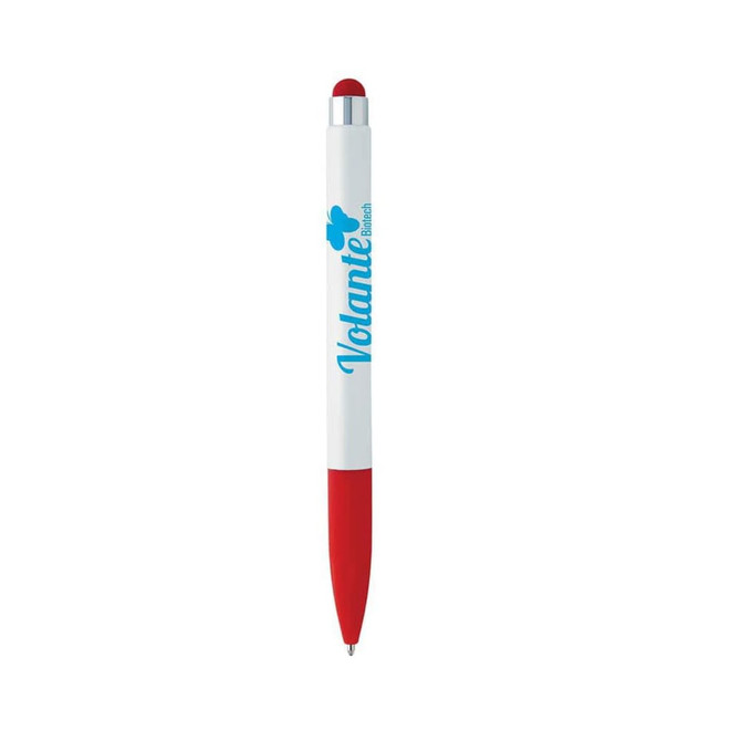 A red and white stylus pen with a silver tip and a logo on the barrel.