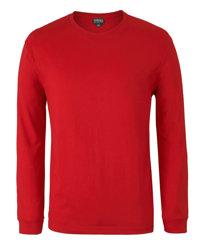A red long-sleeve t-shirt with a crew neck and a logo on the label.