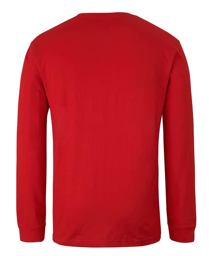 A red long-sleeve t-shirt with a plain back and a logo at the neckline.