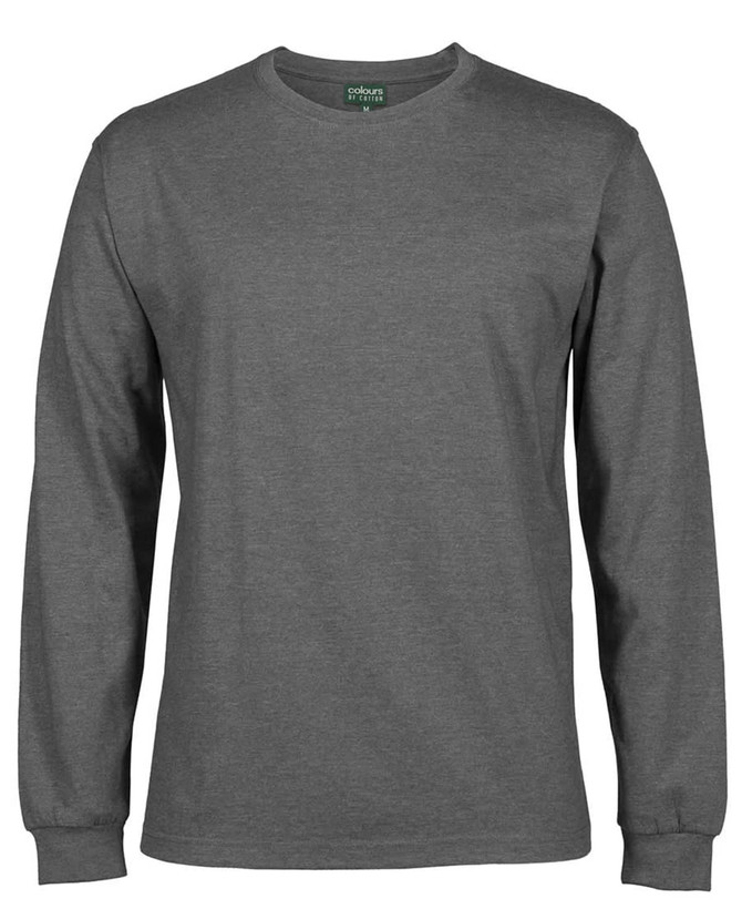 A grey long-sleeve T-shirt with a round neckline and a logo on the label. 