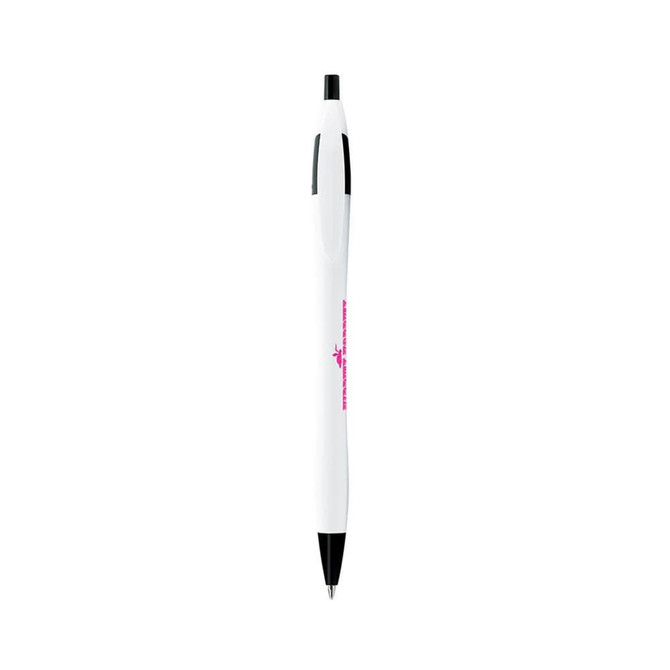 A curved pen in white with black accents, featuring a logo on its body.