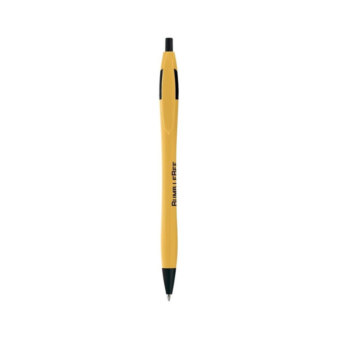A metallic curved pen in yellow and black, featuring a sleek design and a branding logo.