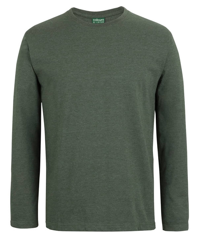 A long-sleeved t-shirt in a dark green colour, featuring a crew neck and a logo on the collar.
