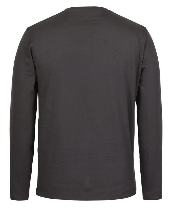 A grey long-sleeve t-shirt displayed from the back, featuring a plain design and a logo.