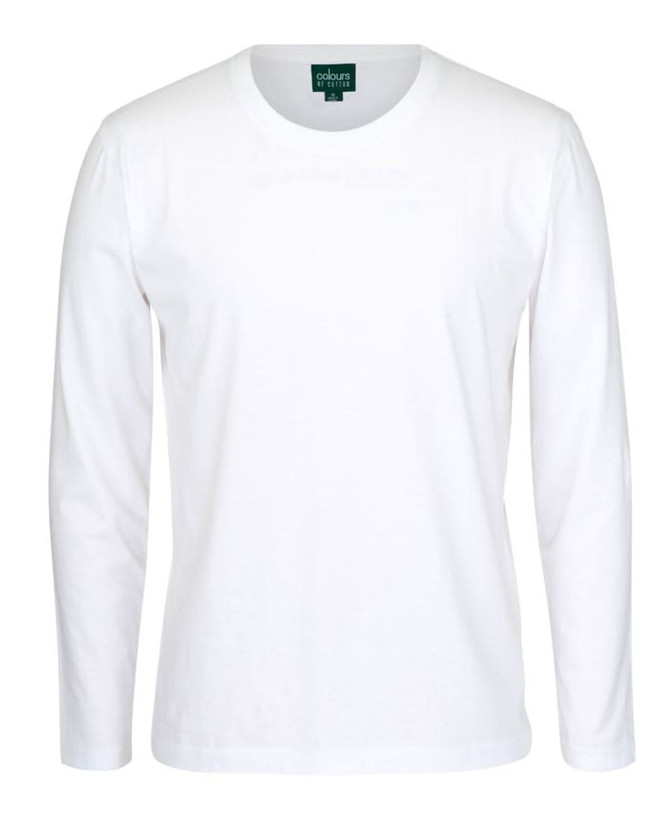 A white long-sleeved T-shirt with a crew neckline and a tag visible inside the collar.