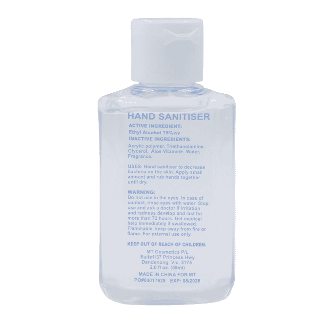 A clear, 60ml bottle of hand sanitiser gel containing 75% ethyl alcohol, with a simple label and a logo.