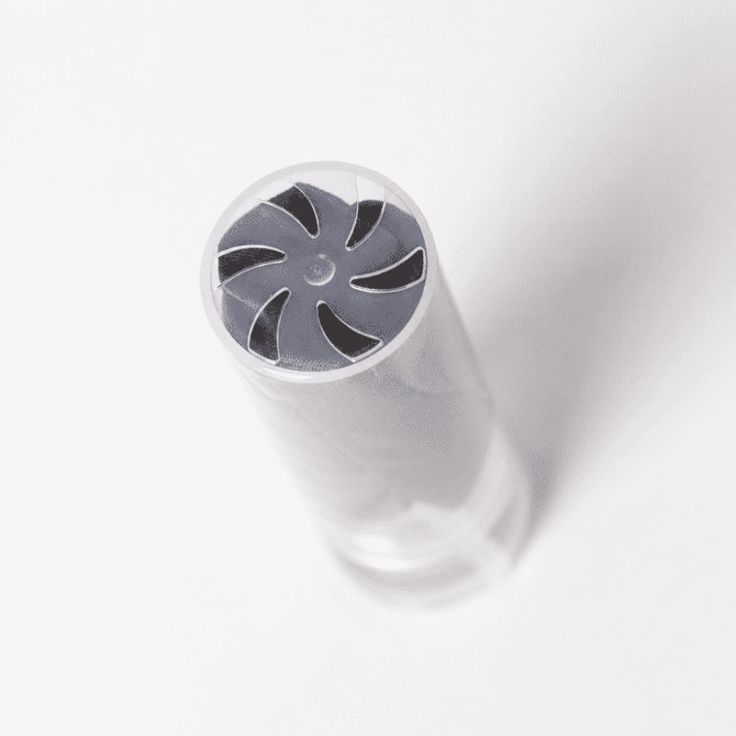 A lens cleaner with a clear casing and grey cleaning tip, designed for cleaning eyeglasses and screens.