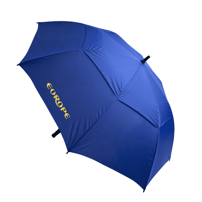 A blue umbrella with a black handle and a logo, featuring eight panels.