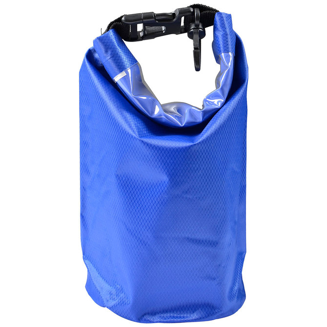 A blue 2.5L dry bag with a roll-top closure and a clip fastener. It features a mesh texture and has a logo.